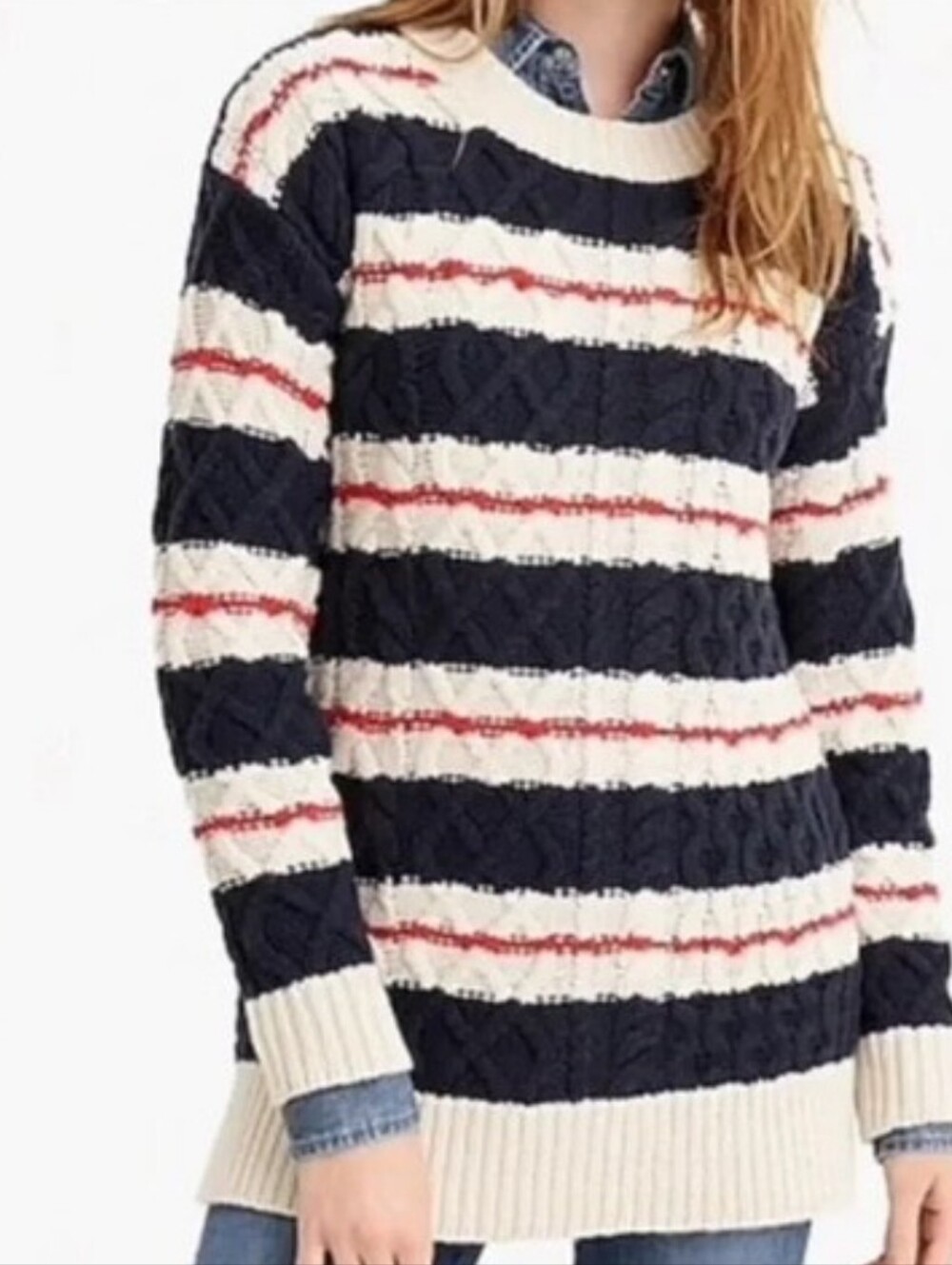 J. Crew Gabby Navy Cream Red Striped Cable-Knit Crewneck Tunic Merino Medium